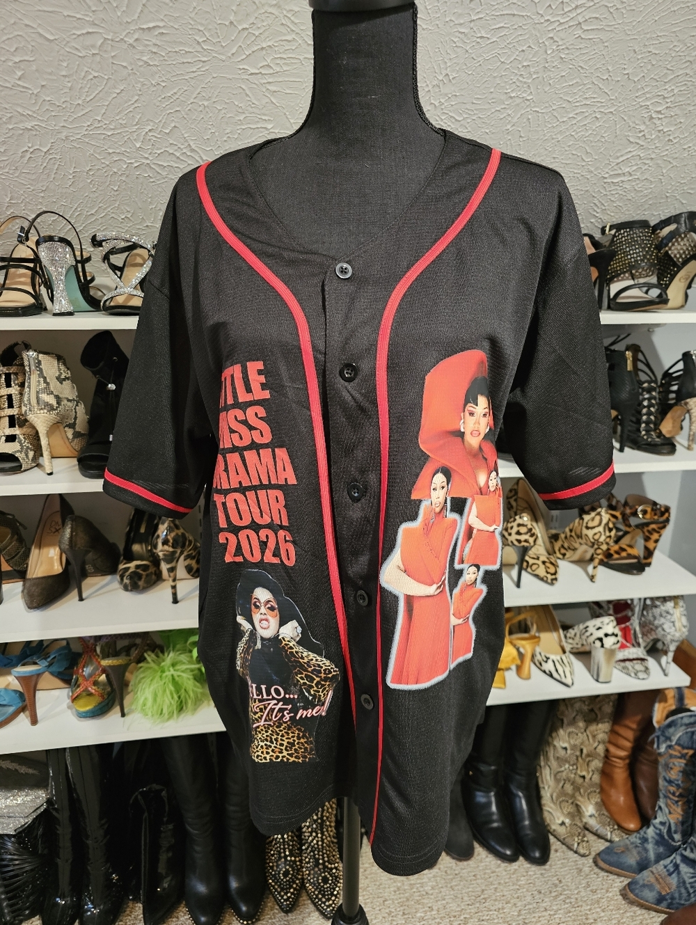 Cardi B  Graphic Baseball Jersey with Red Accents